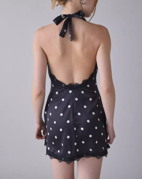 Lioness Stars Align Polka Dot Lace Trim Satin Mini Dress