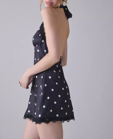 Lioness Stars Align Polka Dot Lace Trim Satin Mini Dress