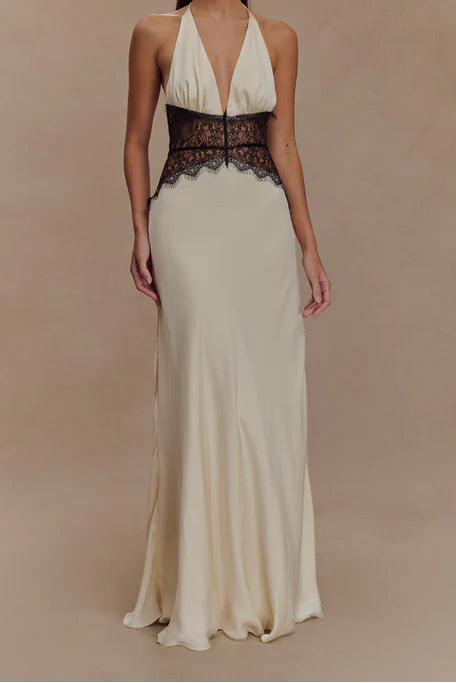 Terrace Dinner Elegant Lace - Paneled Halter Maxi Dress