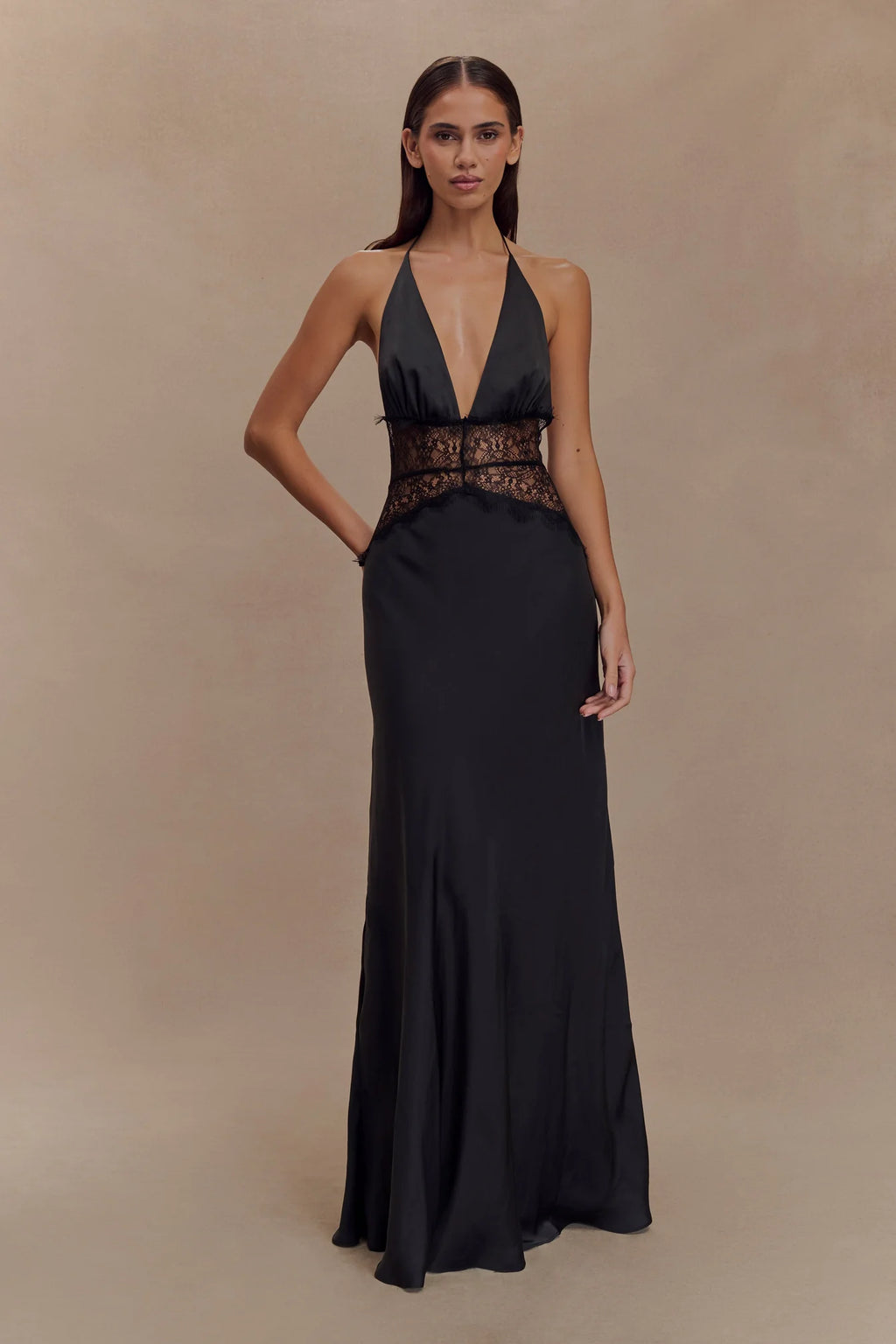 Terrace Dinner Elegant Lace - Paneled Halter Maxi Dress