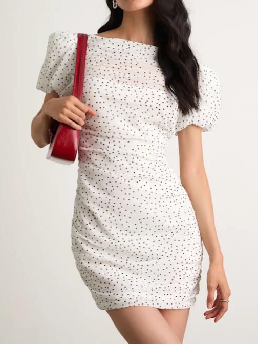 Claritza White Polka Dot Ruched Puff Sleeve Mini Dress