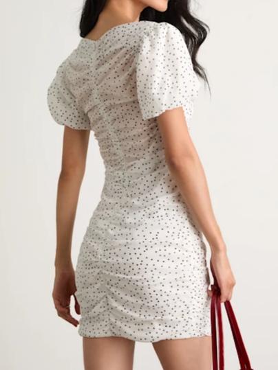 Claritza White Polka Dot Ruched Puff Sleeve Mini Dress