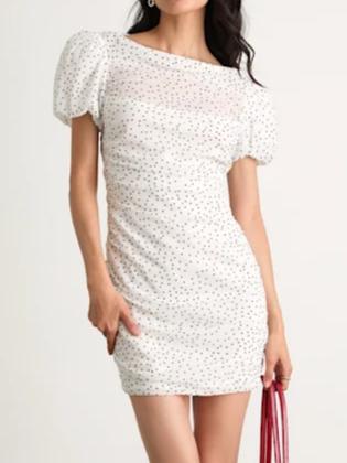 Claritza White Polka Dot Ruched Puff Sleeve Mini Dress