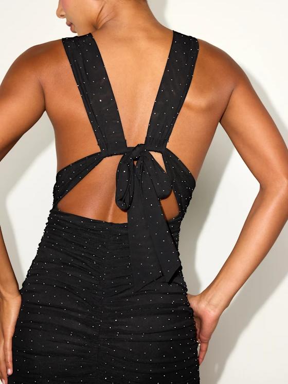 Kayuna Black Rhinestone Ruched Tie-Back Mini Dress