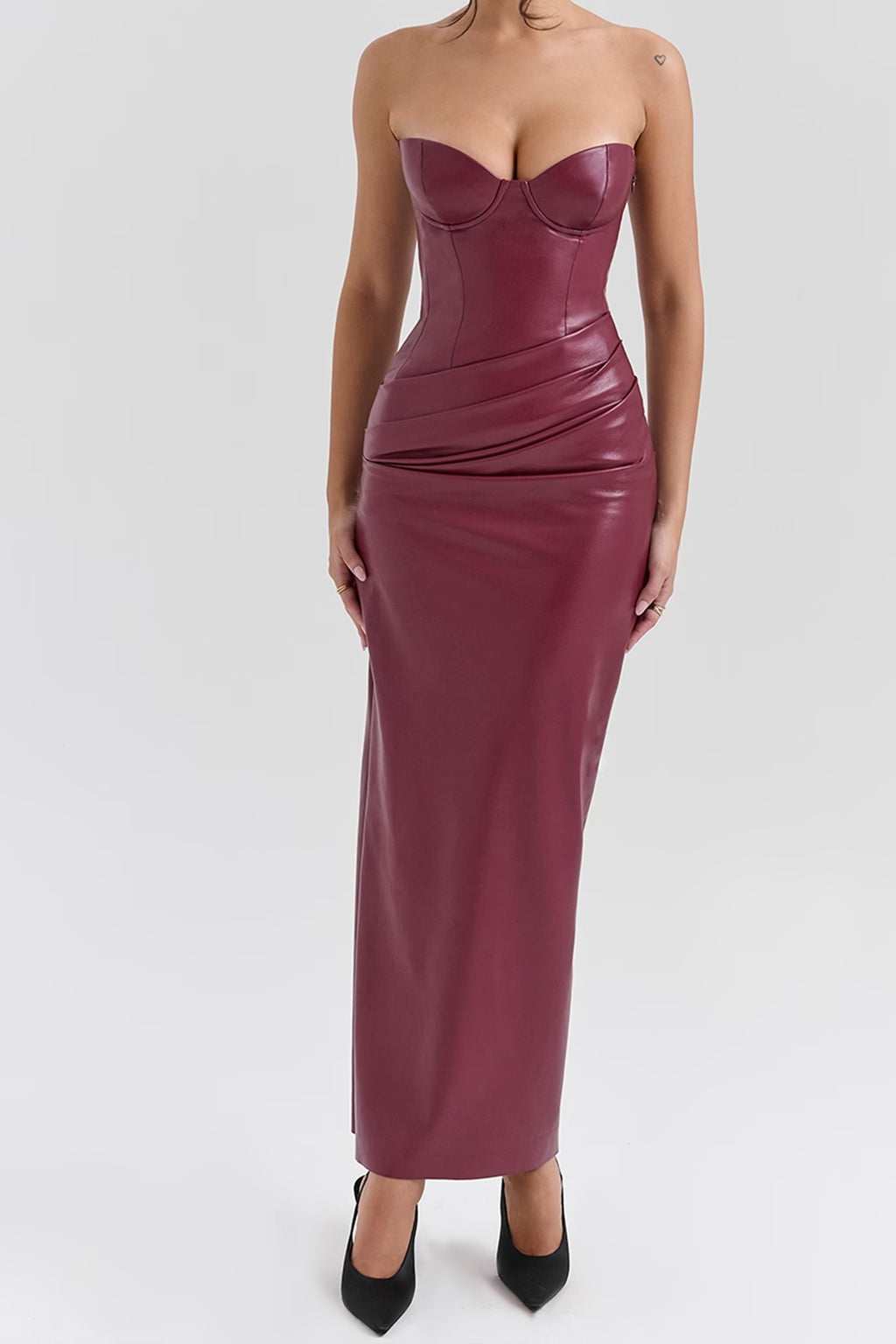 Strapless Vegan Leather Midi Dress