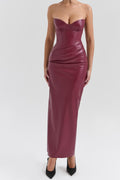 Burgendy Strapless Vegan Leather Midi Dress