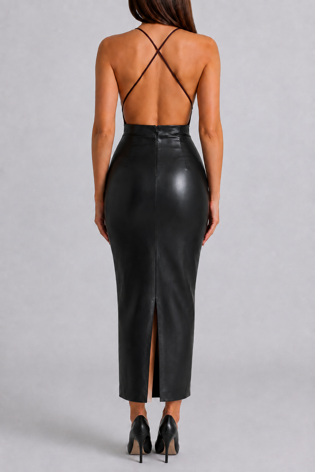 Black Faux Leather Lace Bust Low Back Maxi Dress
