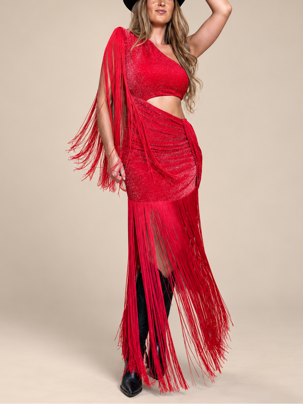 After Hours Fringe One-Shoulder Maxi Dress