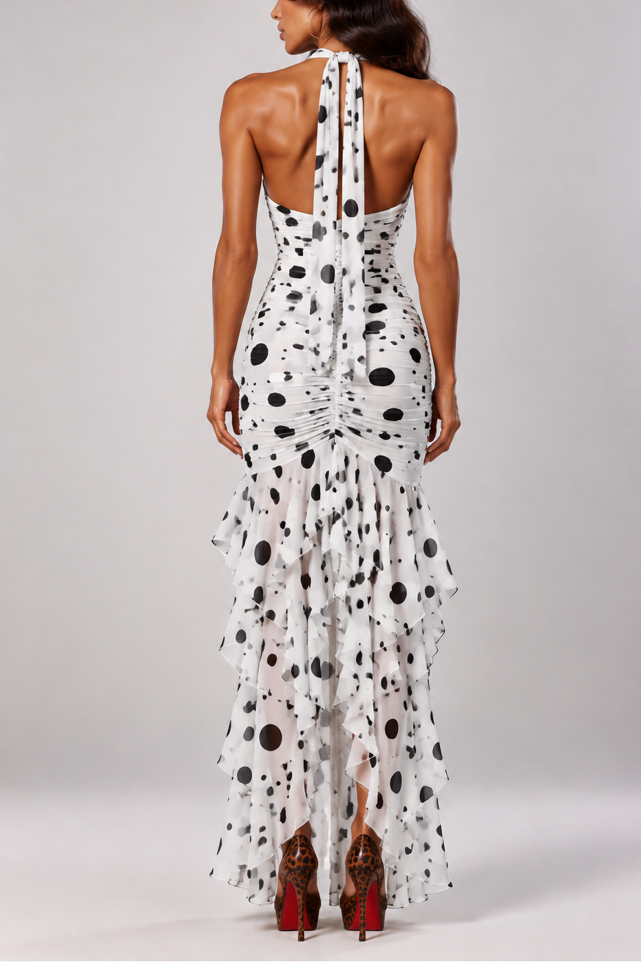 Noir Muse Polka Dot Ruched Midi Dress In White