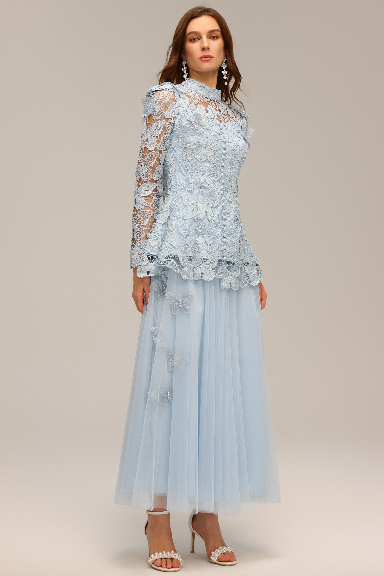 Sabina Long Sleeve Folds Lace Butterfly Top And Skirt Two-Piece Set
