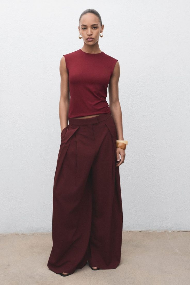Elegant Evening Style Burgundy Wide Leg Pants