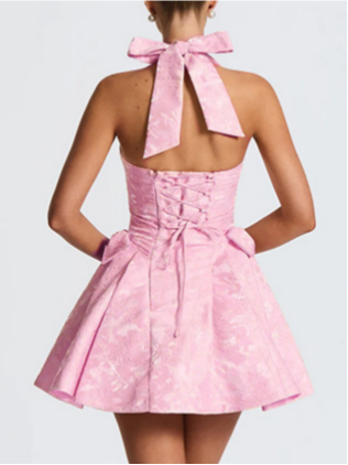 Sexy Sleeveless Halter-Neck Jacquard V-Neck Dress