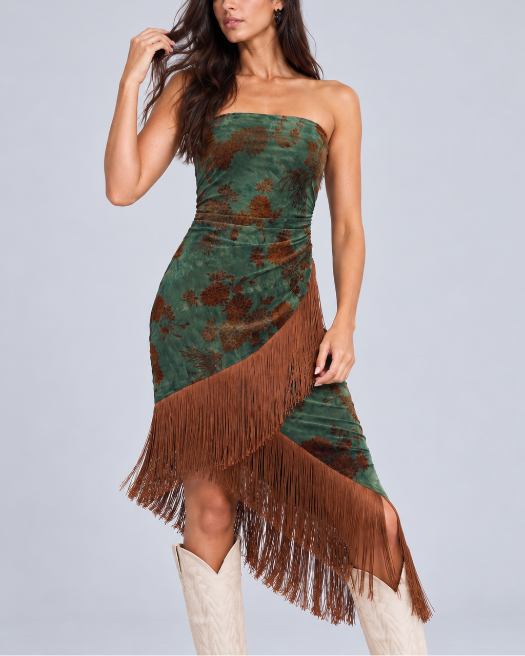 Wildflower Fringe Strapless Midi Dress