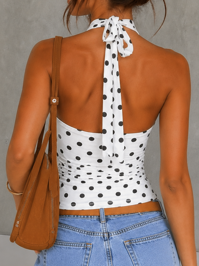 Chic Polka Dot Backless Halter Crop Top