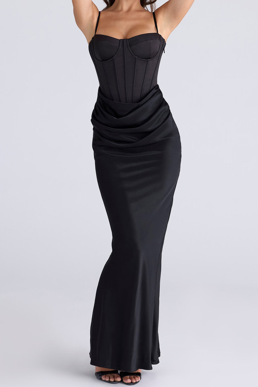 Black Satin Draped Corset Maxi Dress