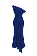 Paulina Oblique Shoulder Sleeveless Folds RoyalBlue Midi Dress
