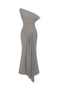 Paulina Oblique Shoulder Sleeveless Folds Gray Midi Dress