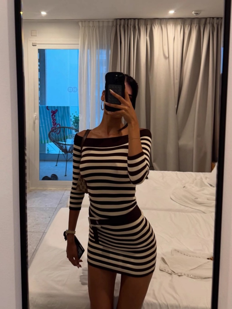 Leisure Time Striped Off-Shoulder Long Sleeve Dress