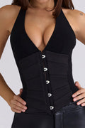 Black Satin Waist Cinch Corset Top