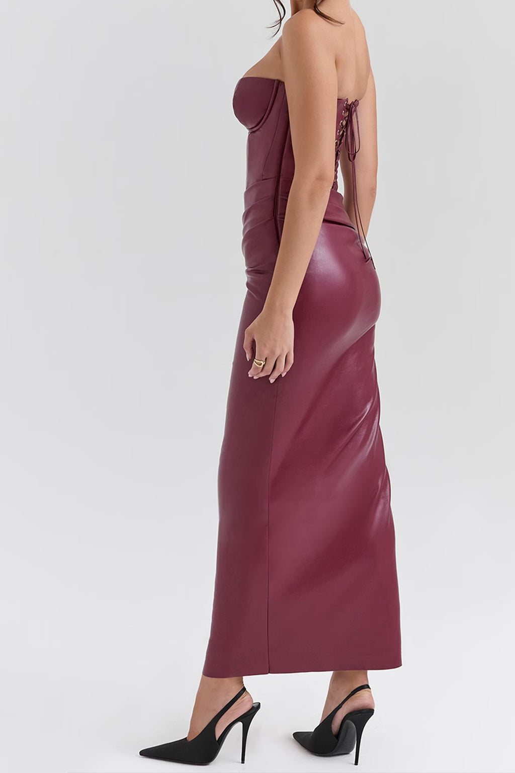 Strapless Vegan Leather Midi Dress