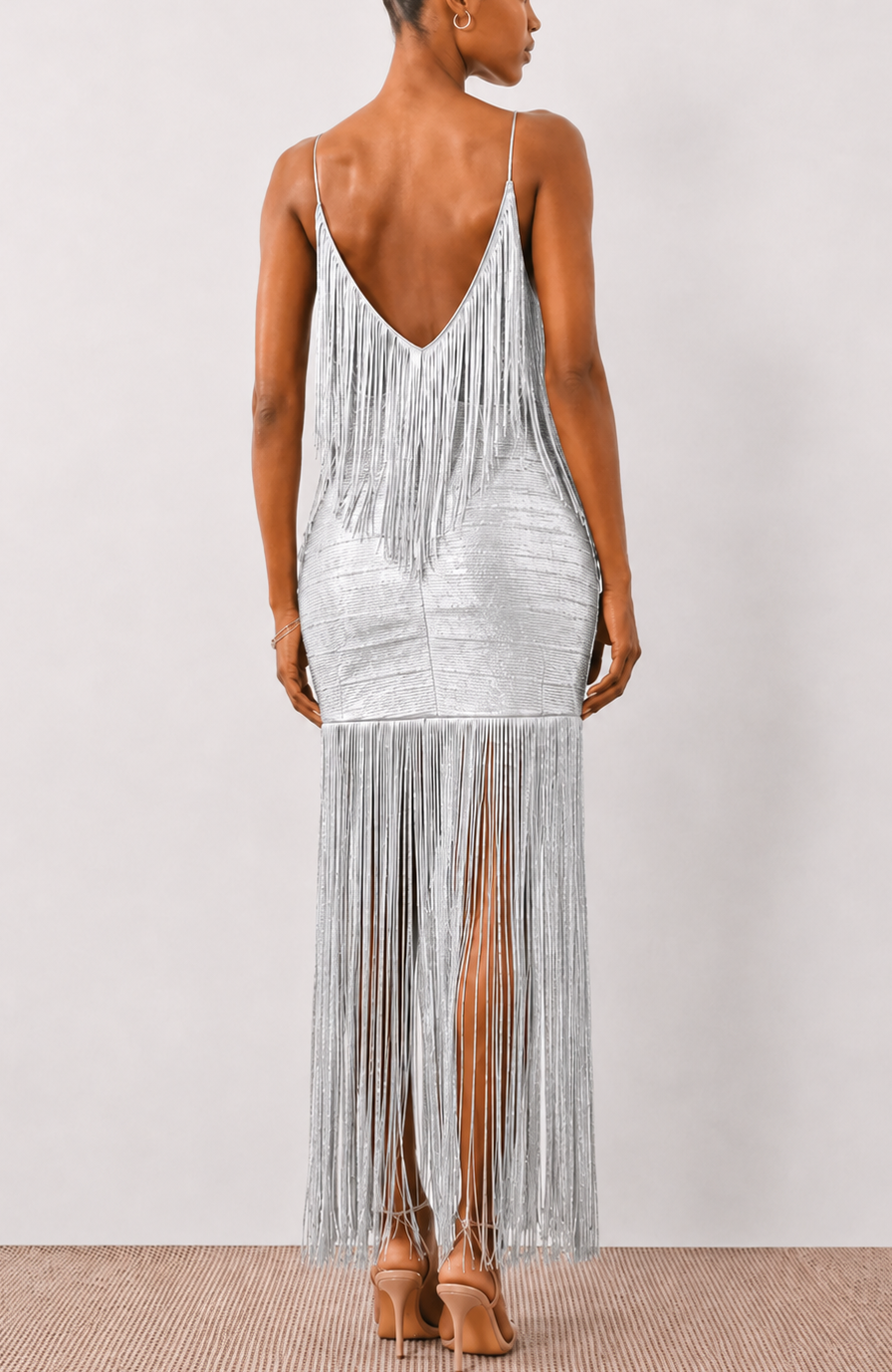 Evening Alluring V-Neck Bandage Fringe Maxi Dress