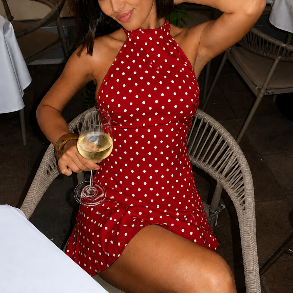 Terrace Night Cute Polka Dot Halter Mini Dress
