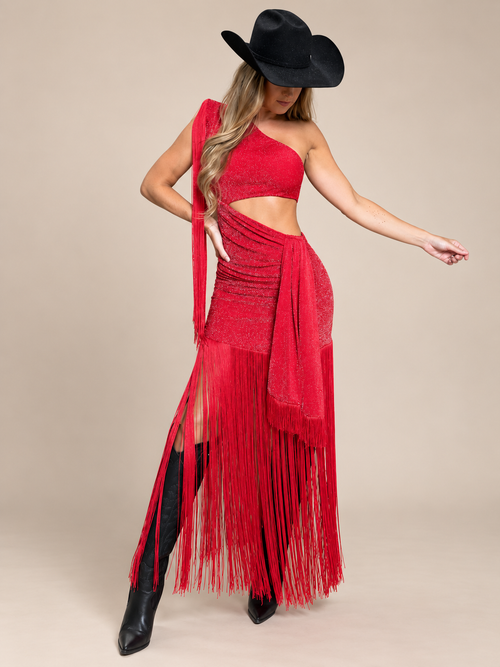 After Hours Fringe One-Shoulder Maxi Dress