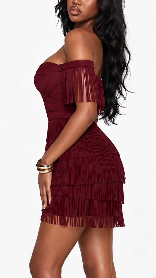 Temptation Off-Shoulder Fringe Dress