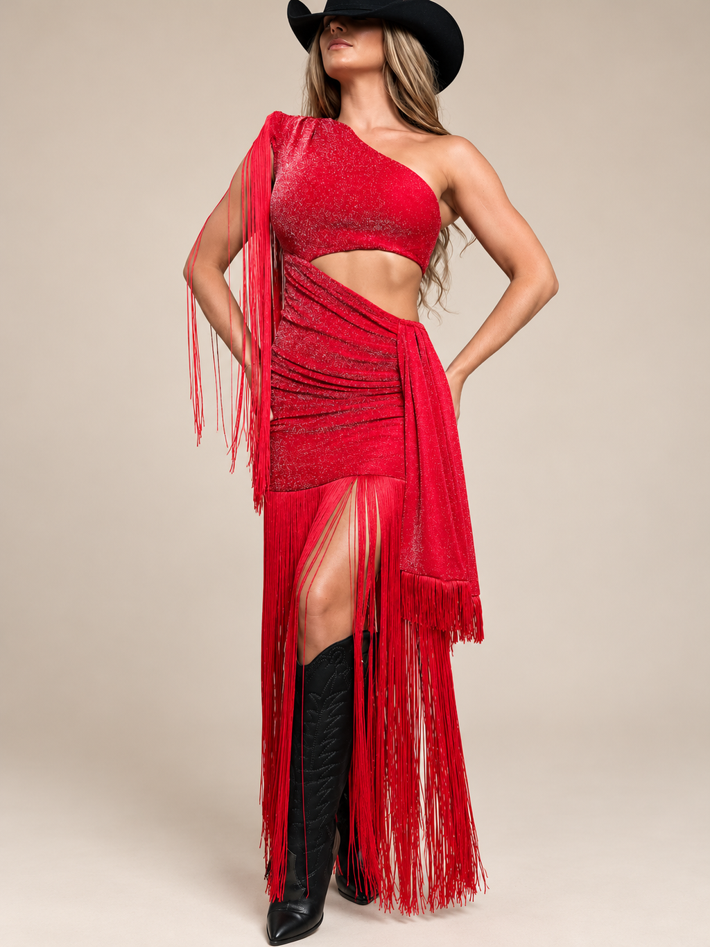 After Hours Fringe One-Shoulder Maxi Dress