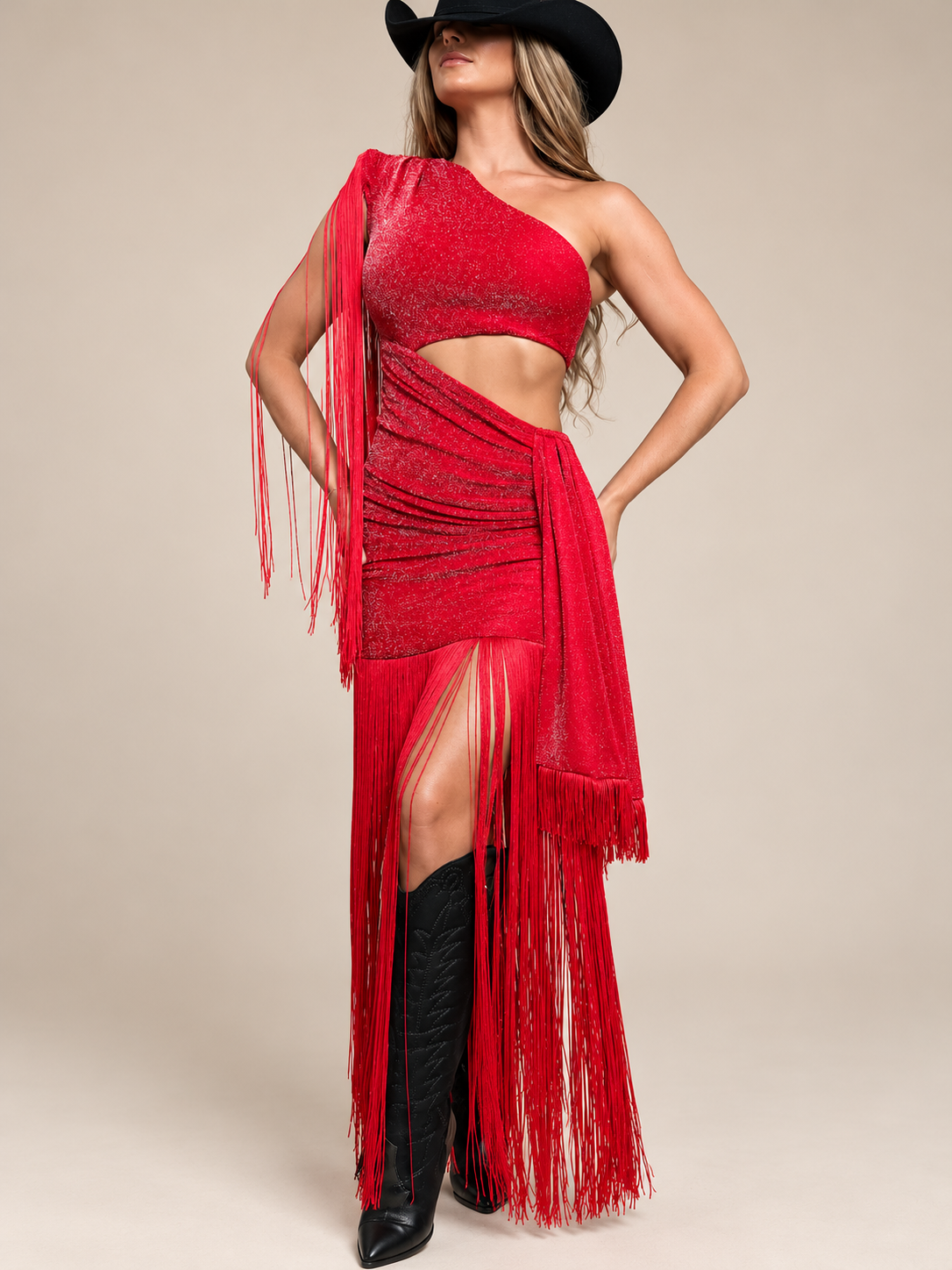After Hours Fringe One-Shoulder Maxi Dress