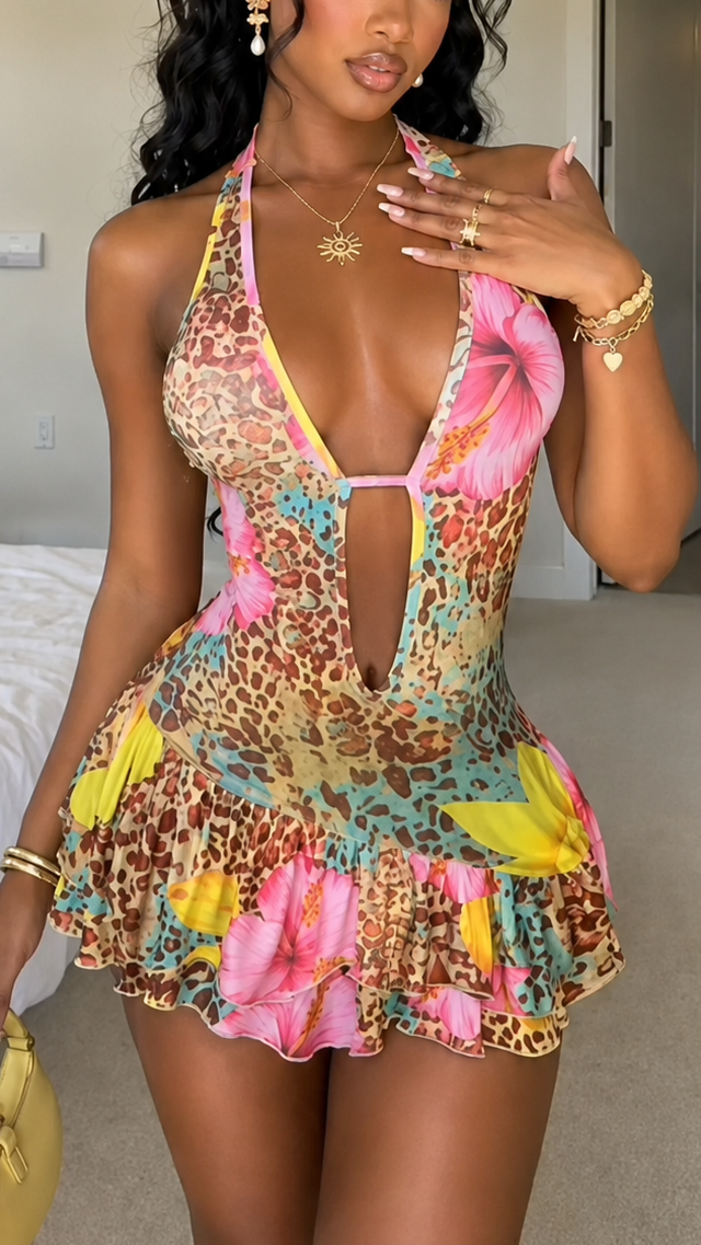 Tropical Muse Ruffle Halter Mini Dress