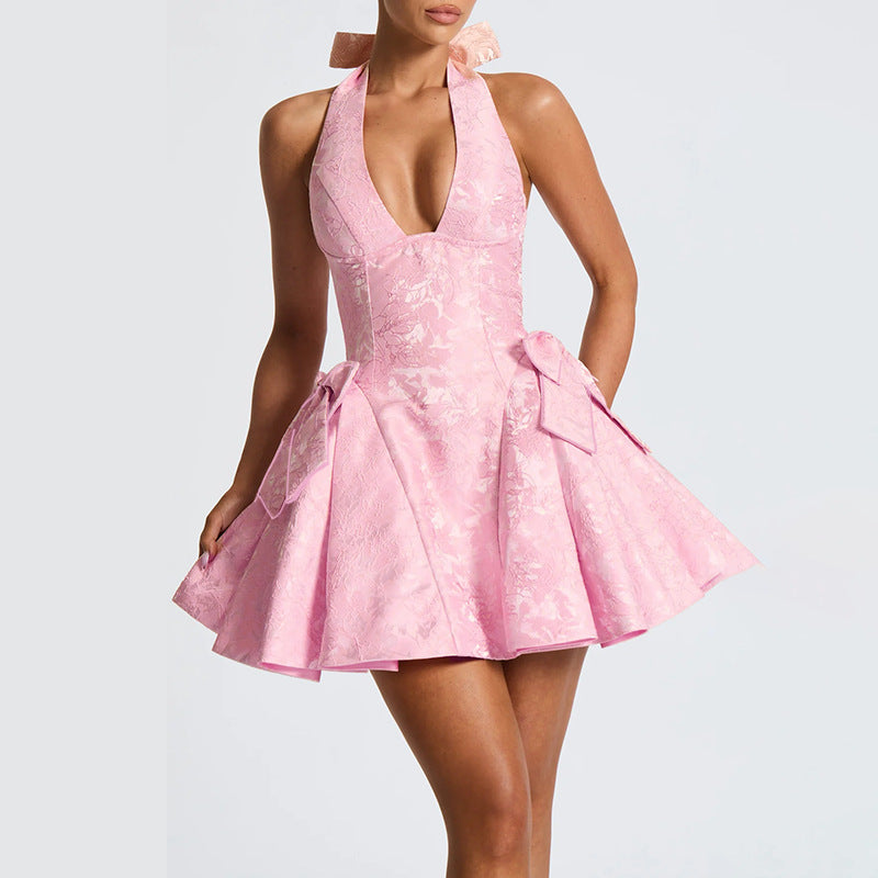 Sexy Sleeveless Halter-Neck Jacquard V-Neck Dress