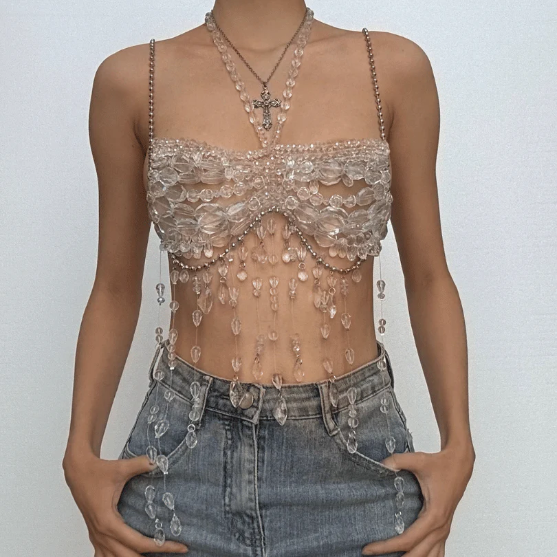 Poolside Glamour Ethereal Crystal-Chain Cami Top