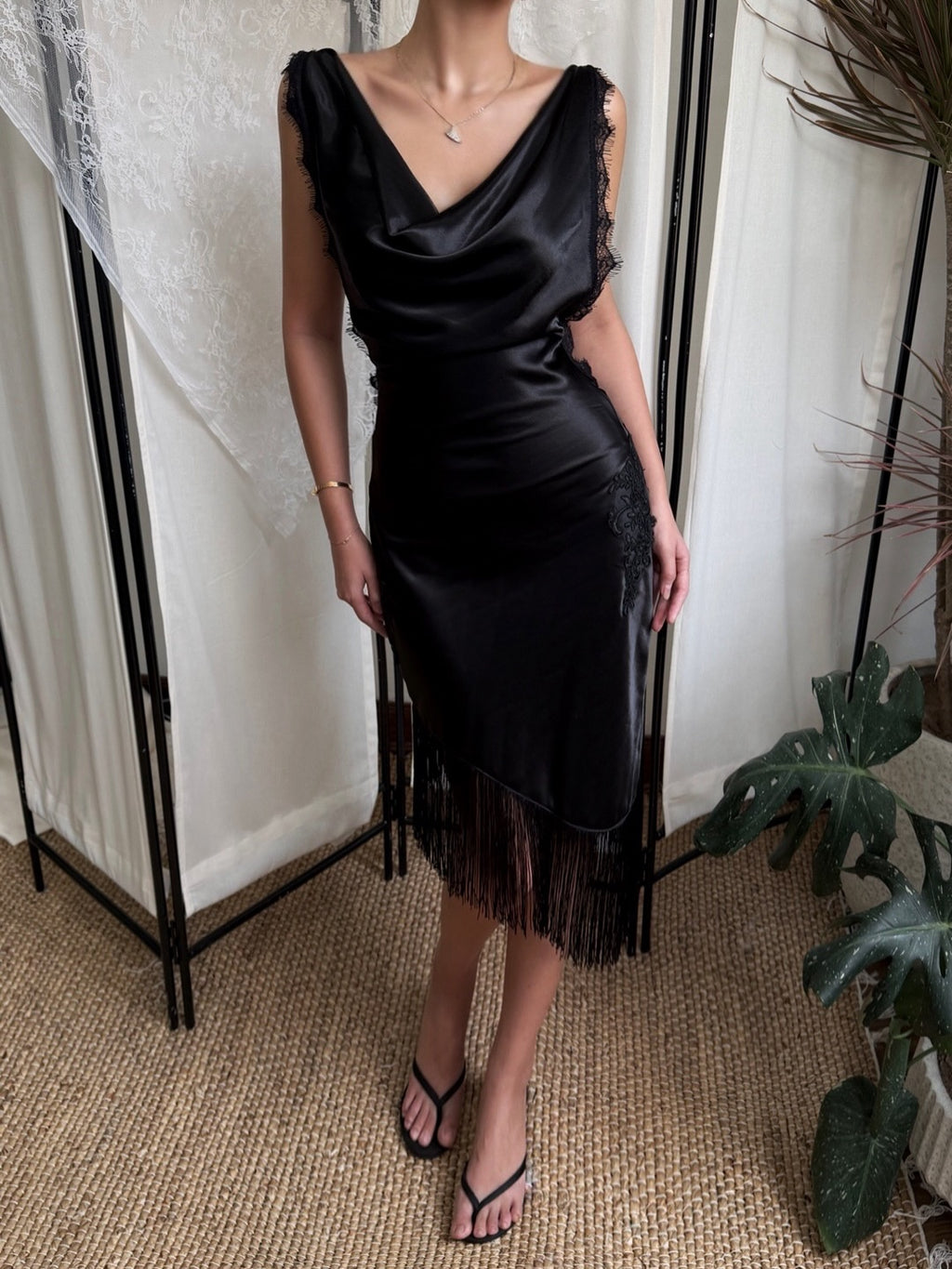 Satin Lace Fringe Midi Dress