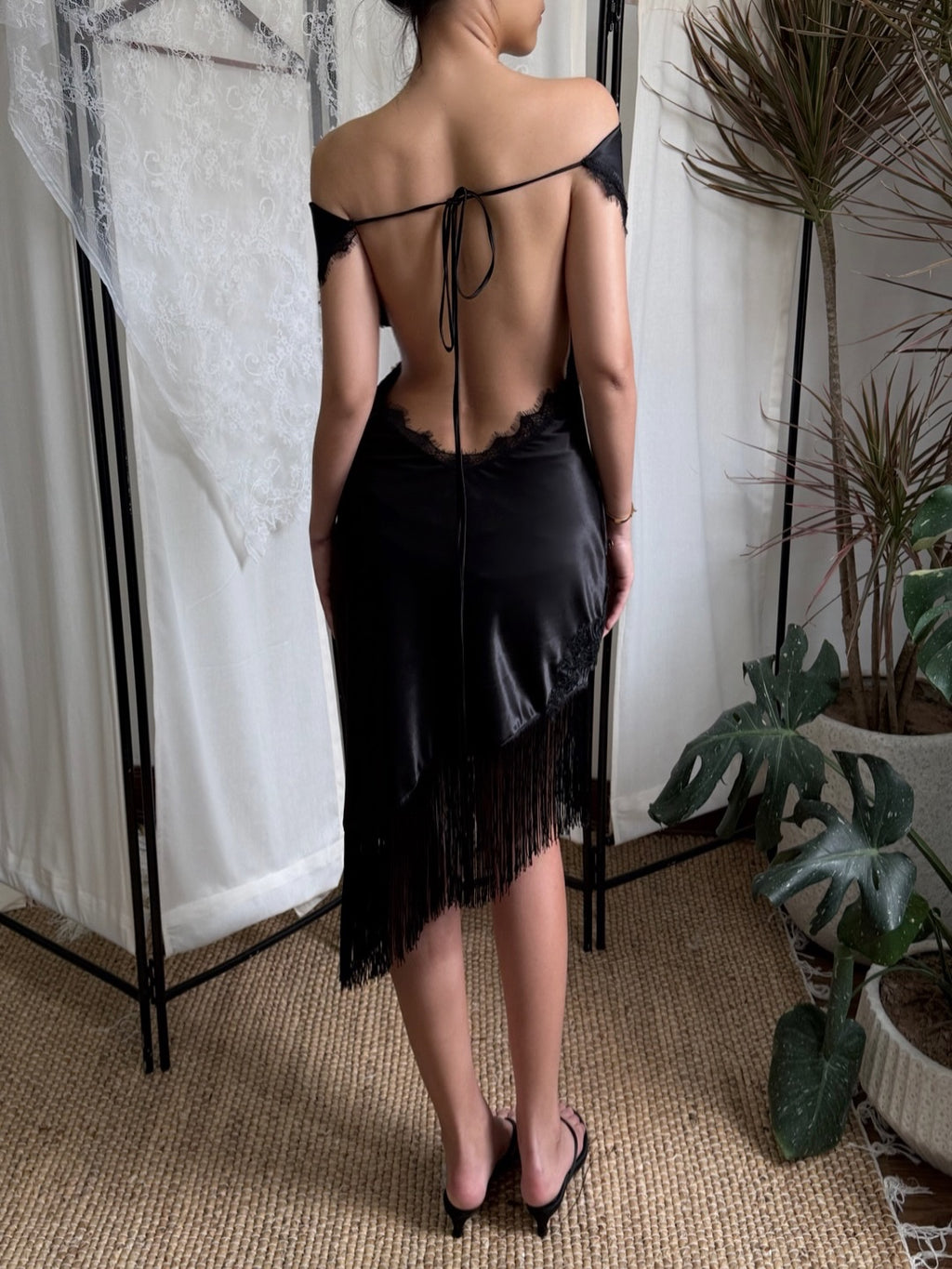 Satin Lace Fringe Midi Dress