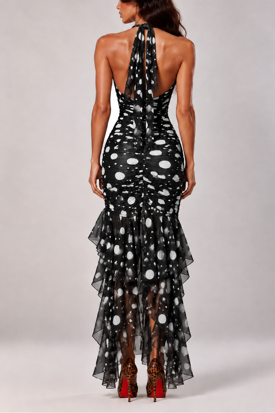 Noir Muse Polka Dot Ruched Midi Dress