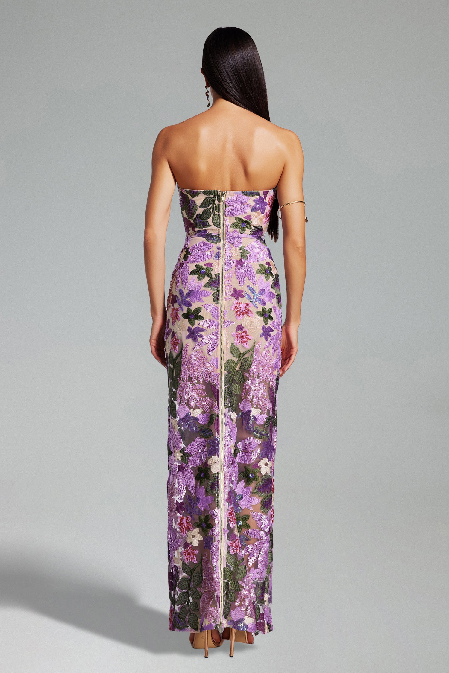 Eugenia Flower Sequins Strapless Mesh Dress - Purple