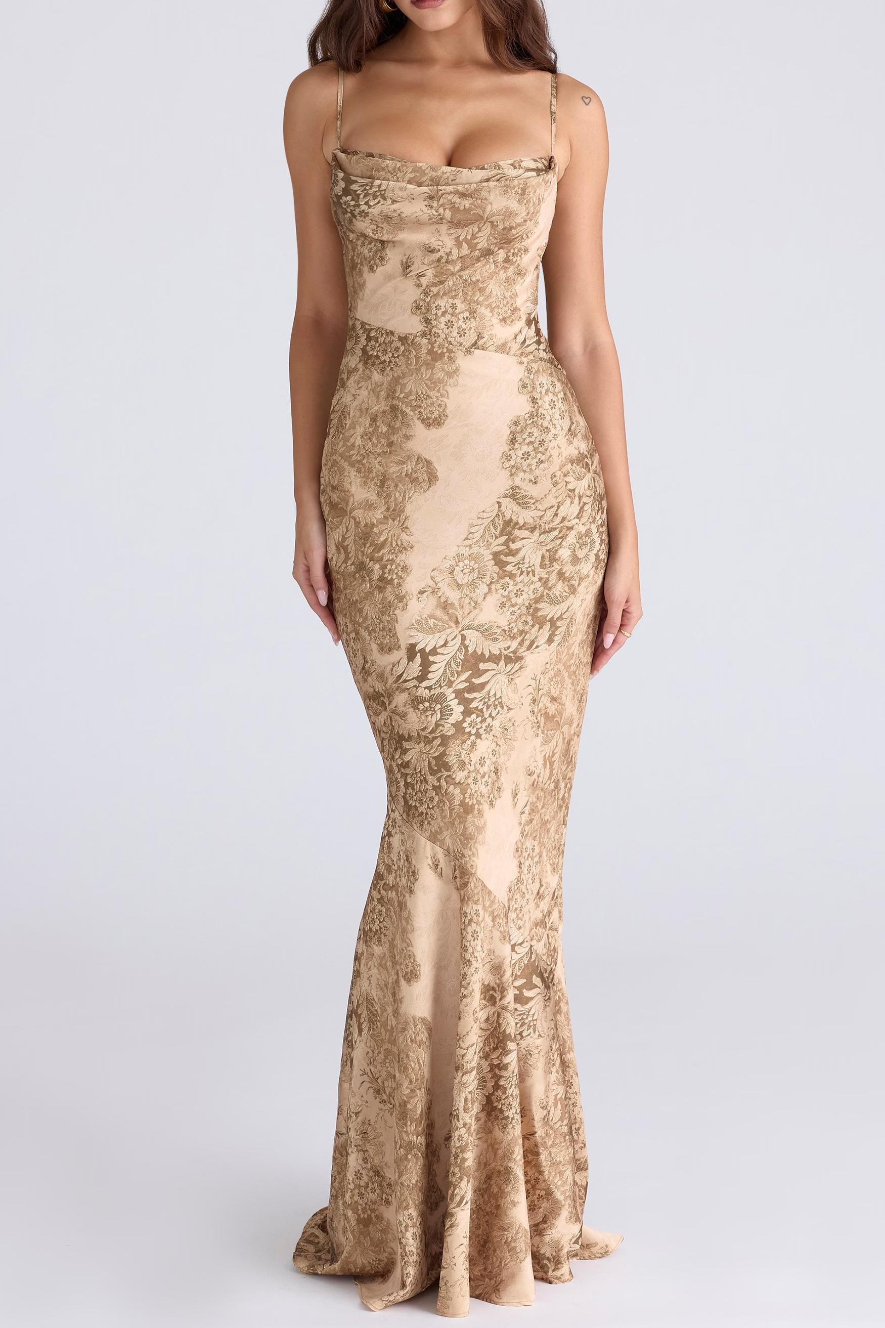 Gold Patterned Satin Maxi Dress