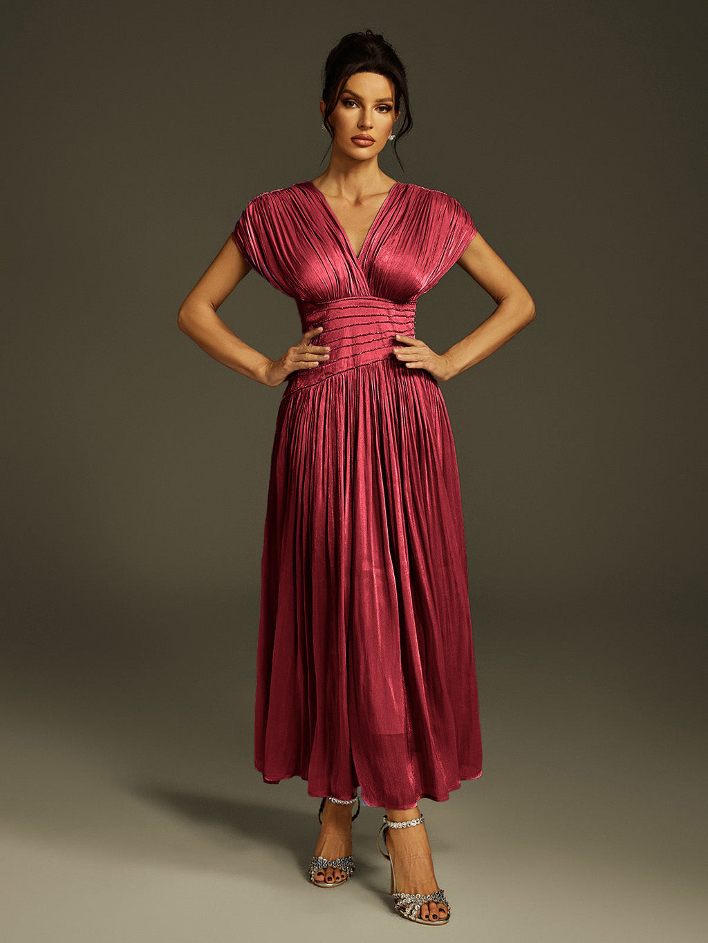 Kasen V Neck Ruched Maxi Dress In Wine