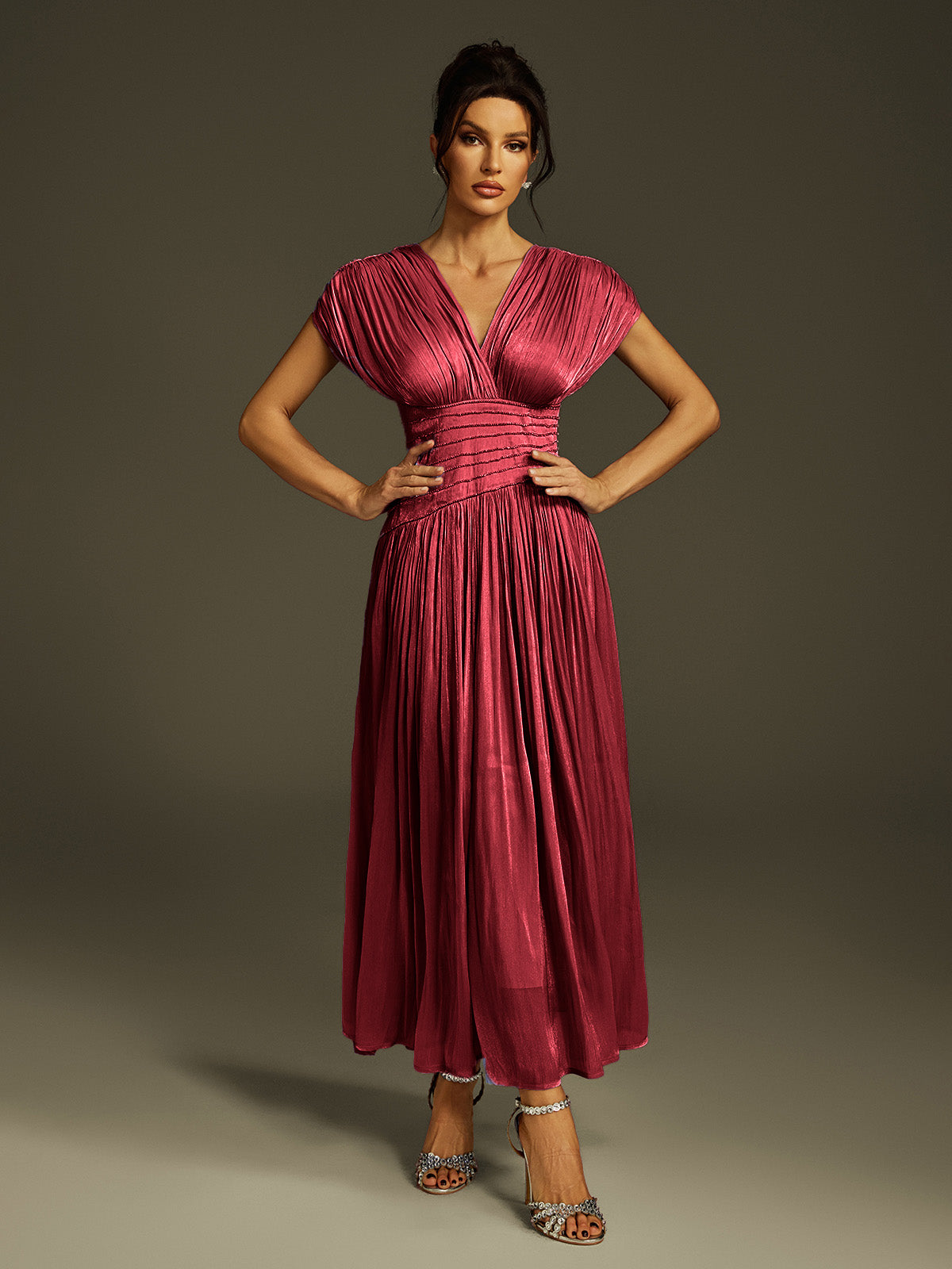Kasen V Neck Ruched Maxi Dress In Wine