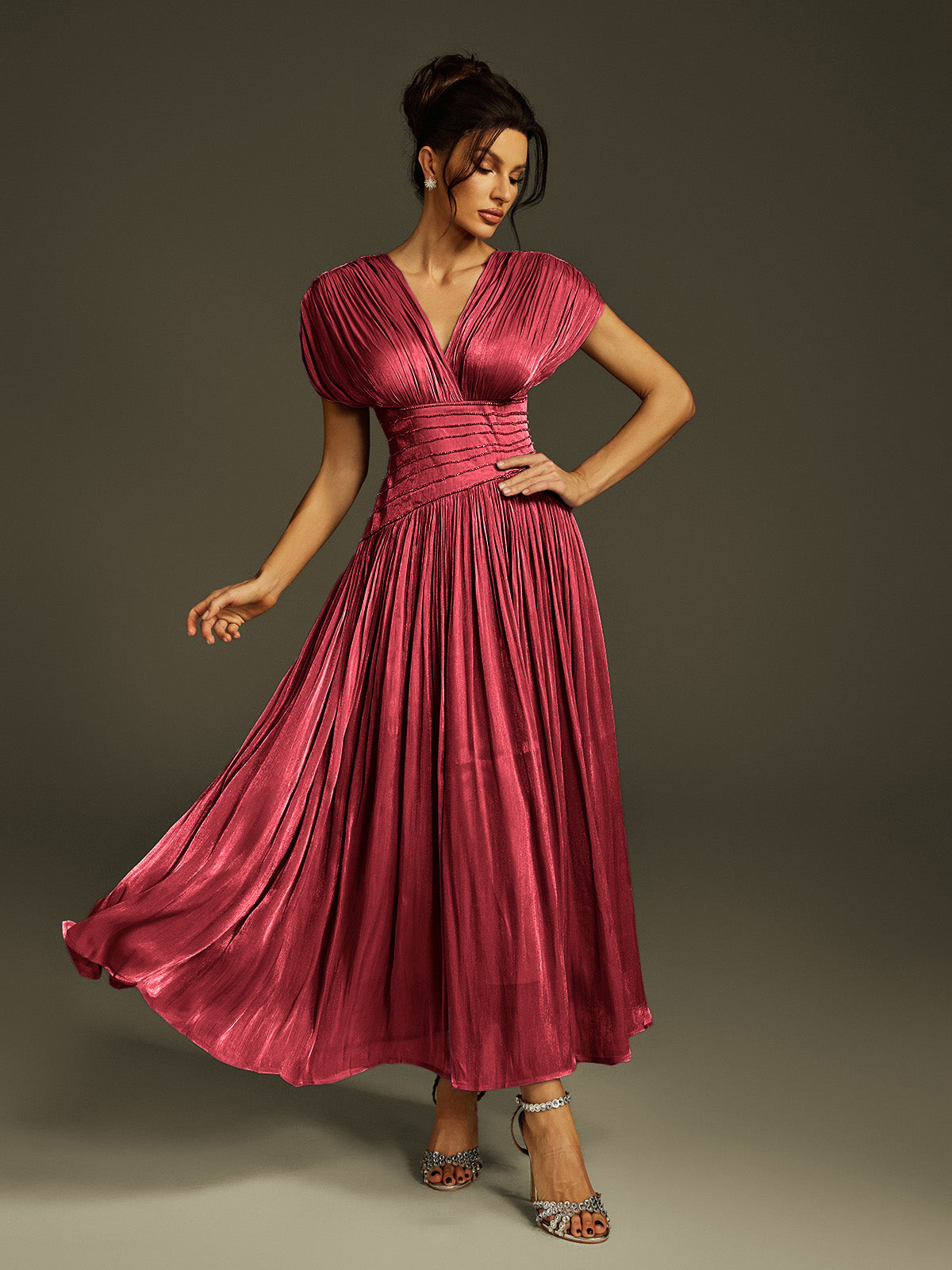 Kasen V Neck Ruched Maxi Dress In Wine