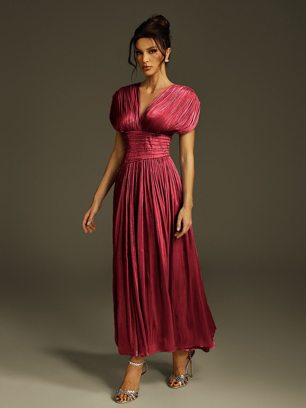 Kasen V Neck Ruched Maxi Dress In Wine