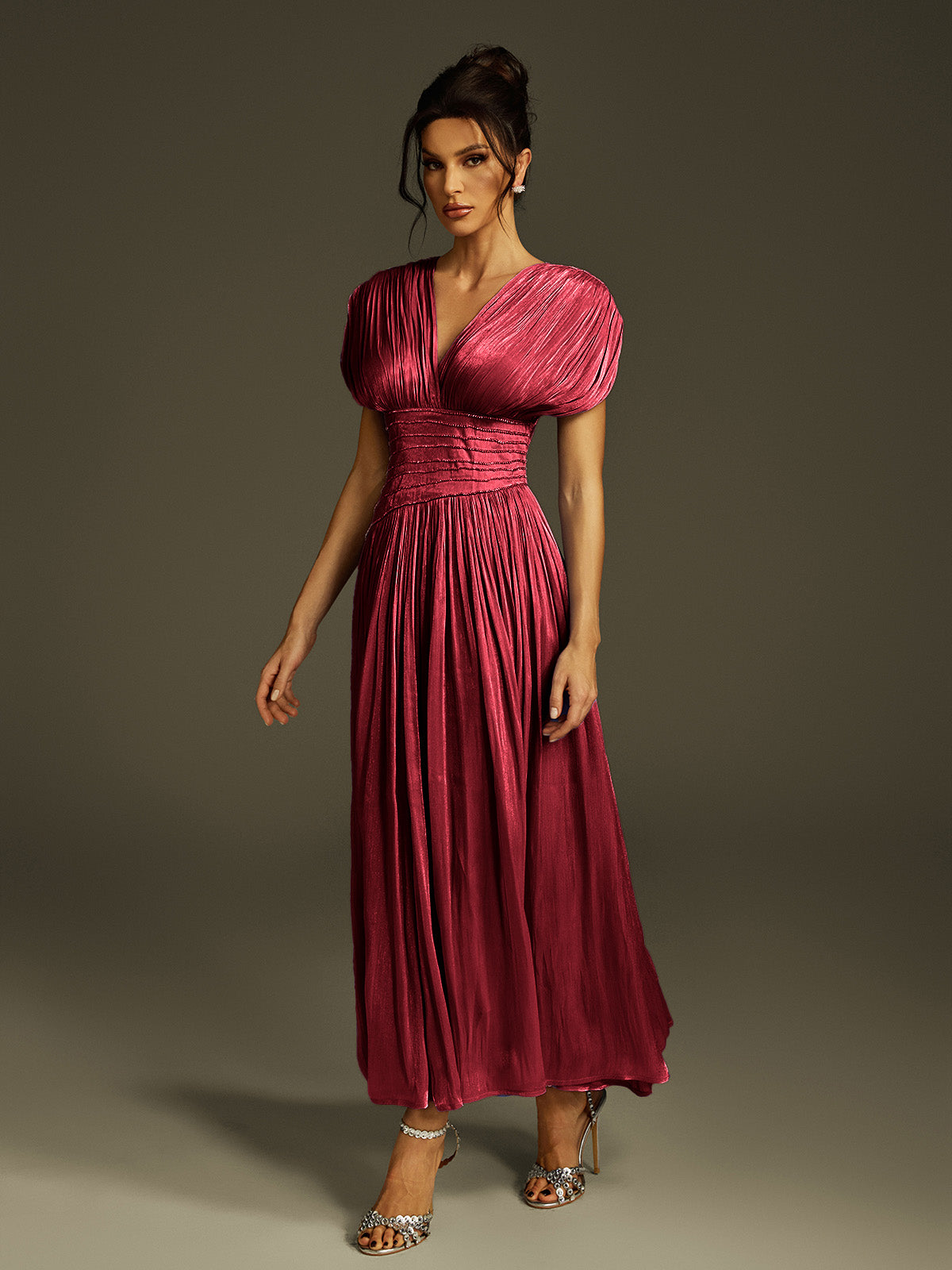Kasen V Neck Ruched Maxi Dress In Wine
