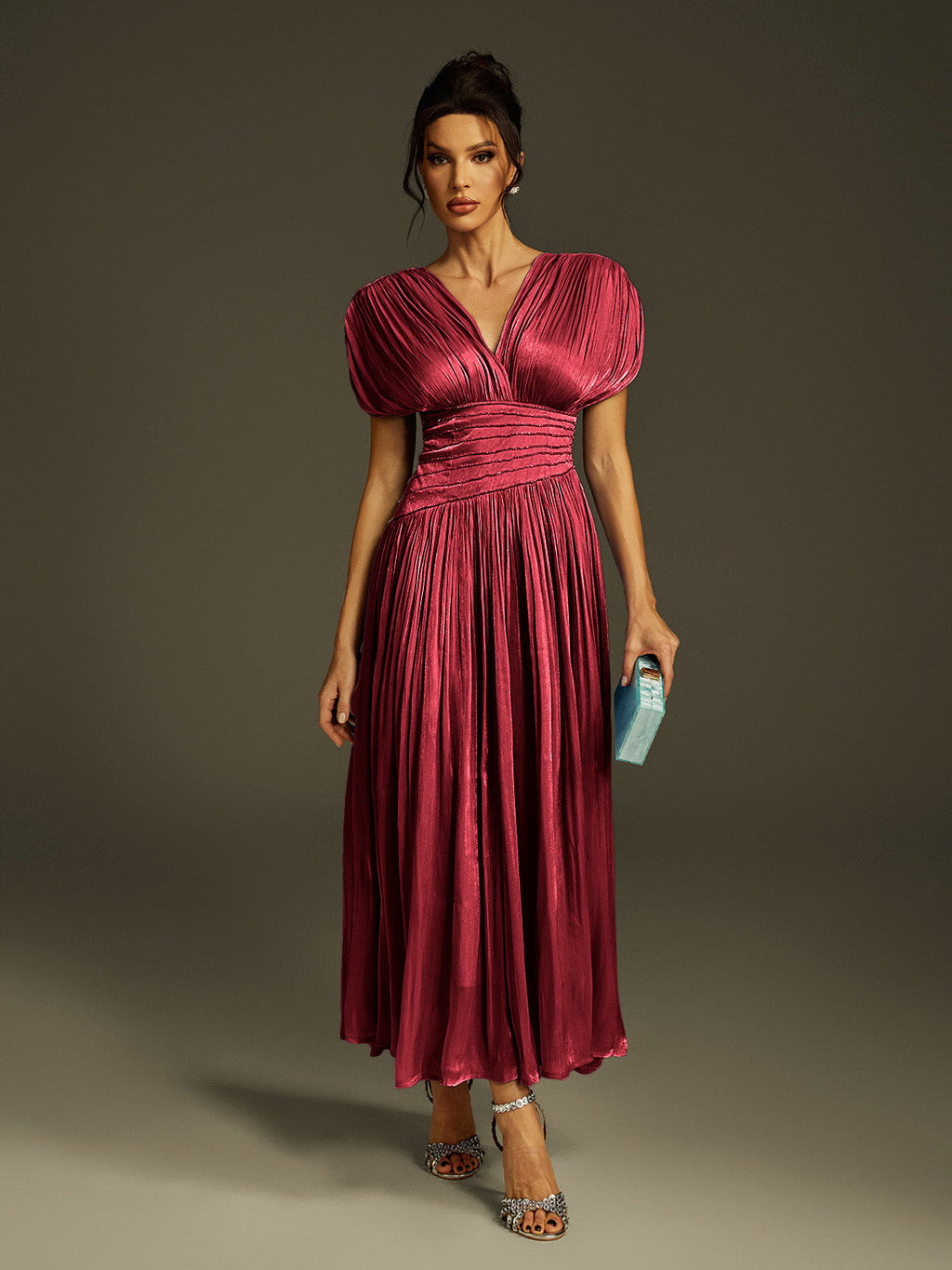 Kasen V Neck Ruched Maxi Dress In Wine