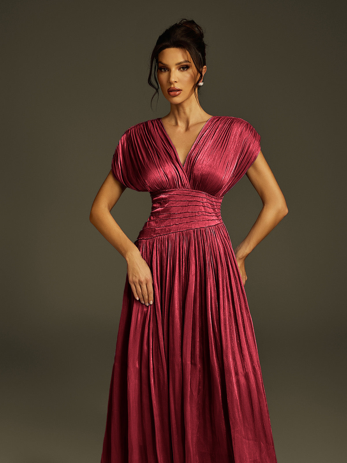 Kasen V Neck Ruched Maxi Dress In Wine
