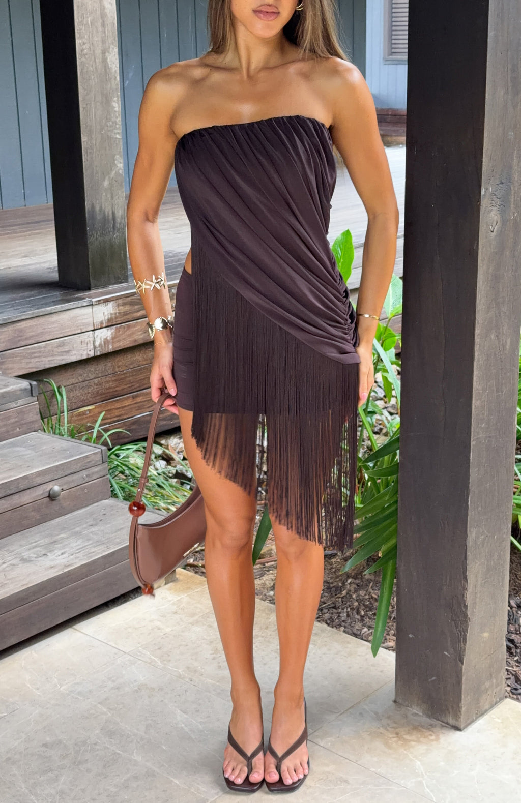 Man I Need Strapless Fringe Mini Dress