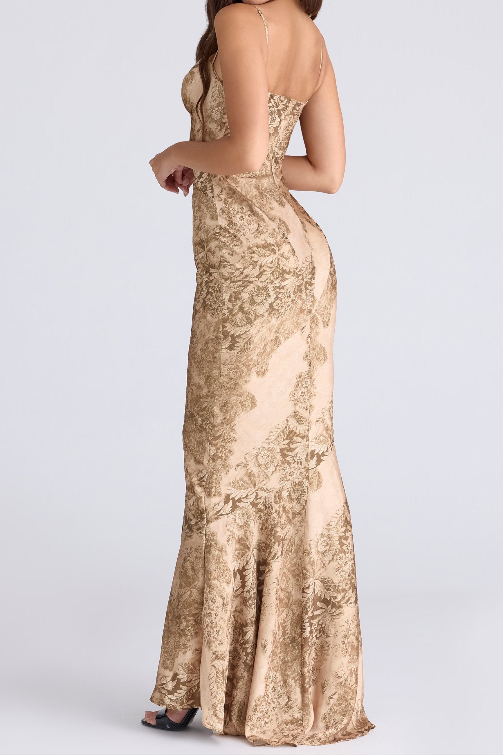 Gold Patterned Satin Maxi Dress