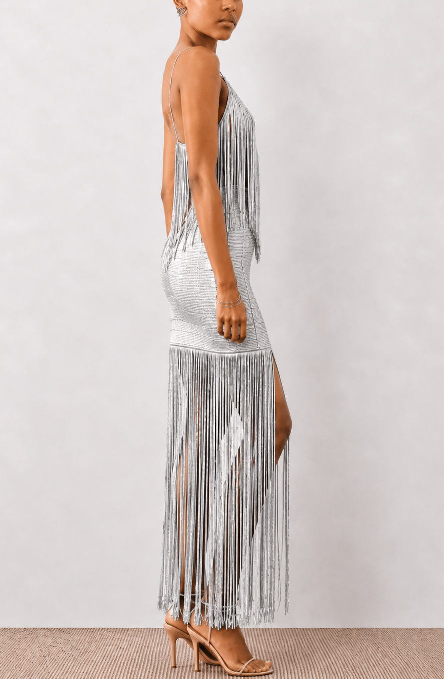 Evening Alluring V-Neck Bandage Fringe Maxi Dress