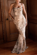 Gold Patterned Satin Maxi Dress