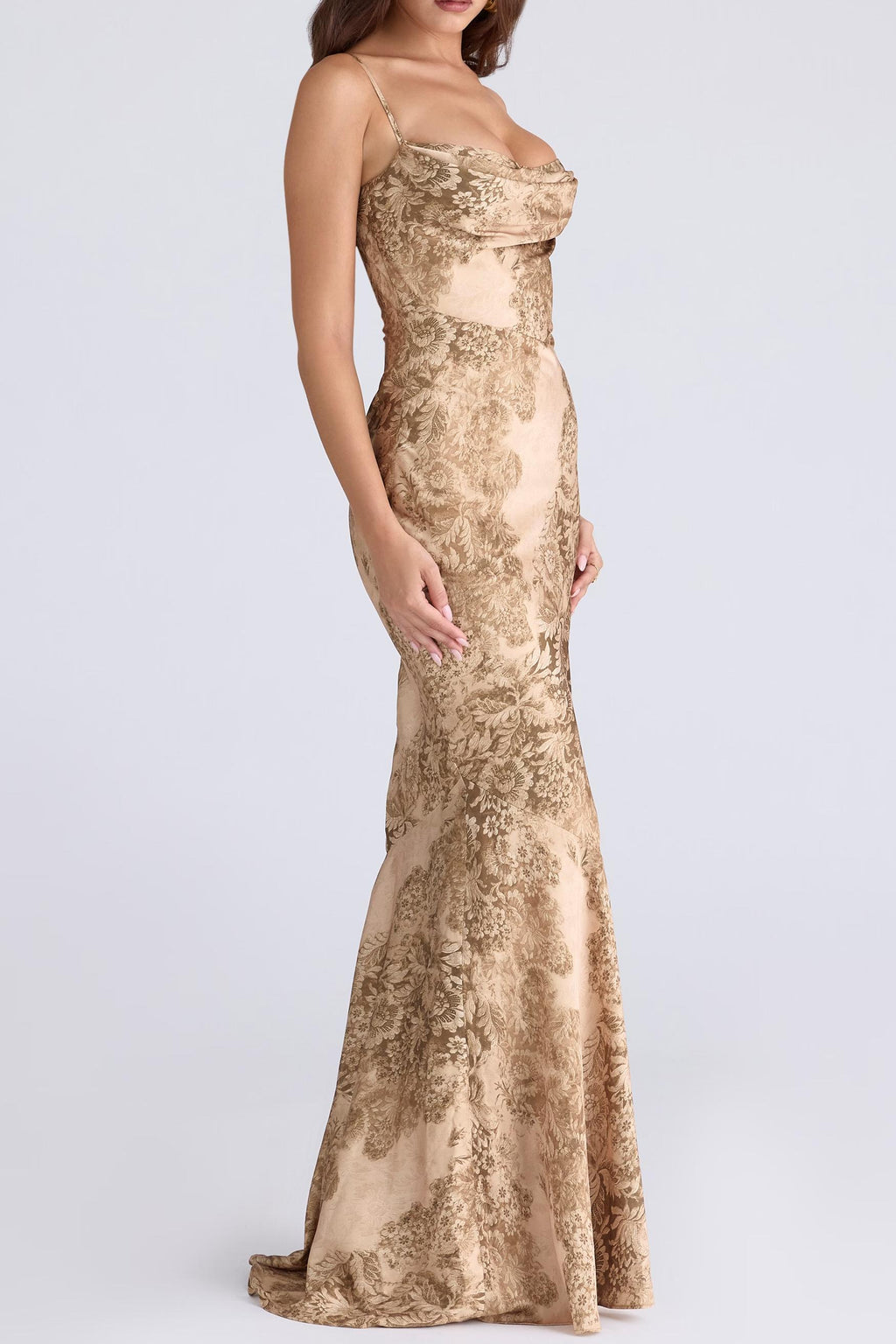 Gold Patterned Satin Maxi Dress